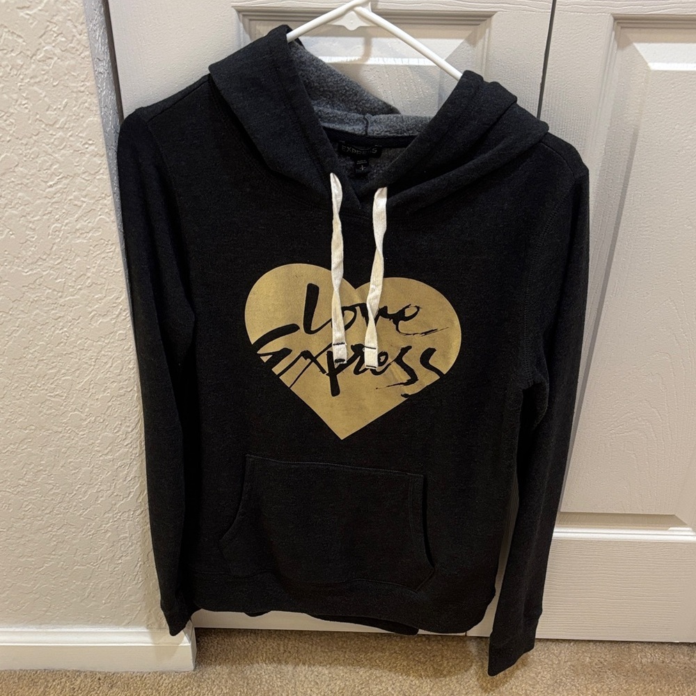 Express gray Hoodie Sweater with Gold Heart Script with matching sweatpants.